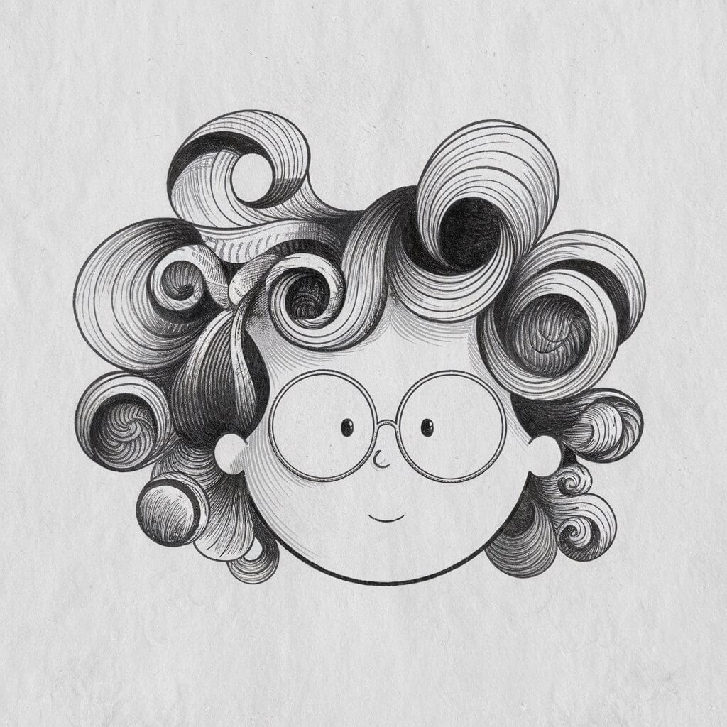 A minimalist, plain white background pencil drawing illustration of a character with curly hair. The curls are drawn in a simplistic style, with loops and spirals of varying sizes accented by gentle shading to convey texture and depth. The character has a round face with a simple smile and wears round glasses.