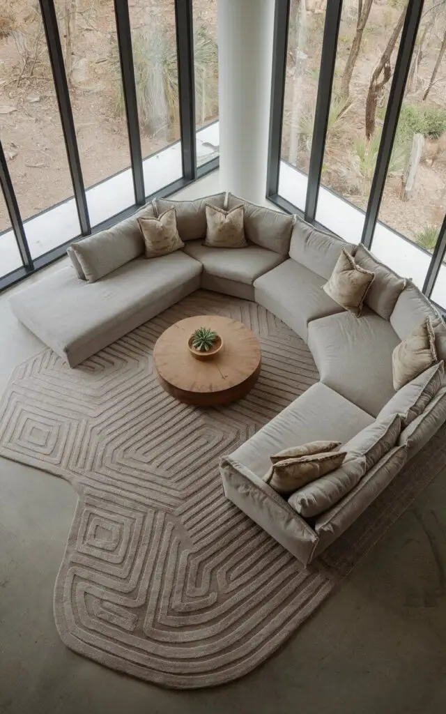 A photo of a unique living room with a custom-shaped living room rug in neutral tones. The rug has an asymmetrical design. There's a gray sectional sofa that wraps around the rug, providing ample seating. A round wooden coffee table is placed at the center of the rug, holding a potted succulent. The room has floor-to-ceiling windows with a view of nature. The custom-shaped rug adds an artistic and personalized touch.