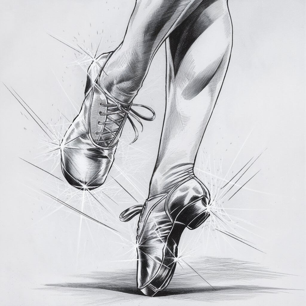 A pencil drawing of a dancer in mid-dance with their legs in the air. The dancer is wearing shiny tap shoes. One foot is poised on its toe while the other rests flat, emphasizing the rhythmic movement. The shoes feature subtle reflections, with smooth, bold lines outlining their shape. Light shading adds depth to the legs and hints at the energy of the dance. The background is plain white.