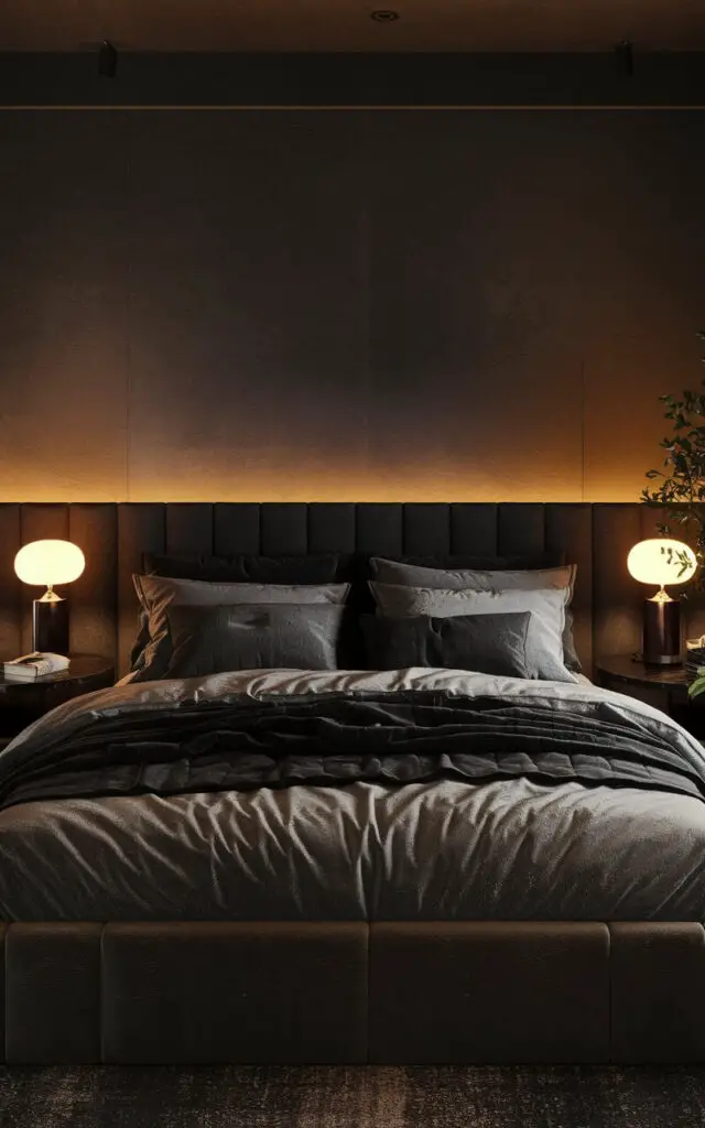 A dark bedroom with moody lighting highlights its dramatic allure. The very cozy bed is adorned with layered gray and black linens, flanked by modern bedside tables. Warm-toned table lamps provide a soft glow, while recessed LED lighting under the headboard adds a futuristic touch. The walls feature subtle texture, and a small indoor plant adds a refreshing element.