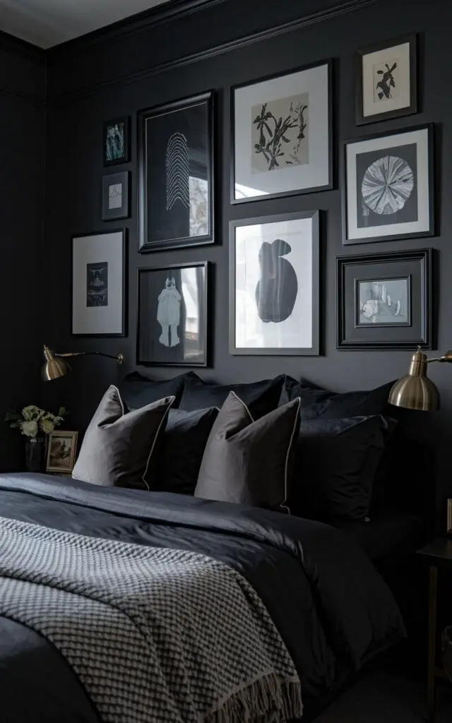 A photo of a dark bedroom with a gallery wall as the focal point. The cozy bed has black bedding and gray accent pillows. The walls are painted deep gray, allowing the black-framed art pieces to pop. A brass reading lamp and a textured throw blanket complete the artistic vibe.