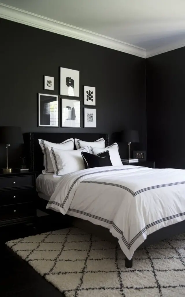 A timeless black-and-white palette defines this dark bedroom. The walls are painted matte black, creating a bold backdrop for the very cozy bed, which is dressed in crisp white linens with black trim. Black nightstands and a white area rug further emphasize the contrast. A monochrome gallery wall above the bed adds a personal, artistic touch.