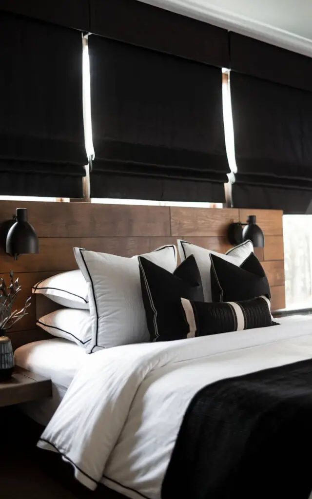 A photo of a dark bedroom with a cozy bed dressed in crisp white linens and black accent pillows. The wooden headboard adds warmth. There are blackout shades in jet black that ensure complete privacy and light control. Subtle lighting from wall-mounted sconces enhances the serene, sleep-friendly atmosphere.