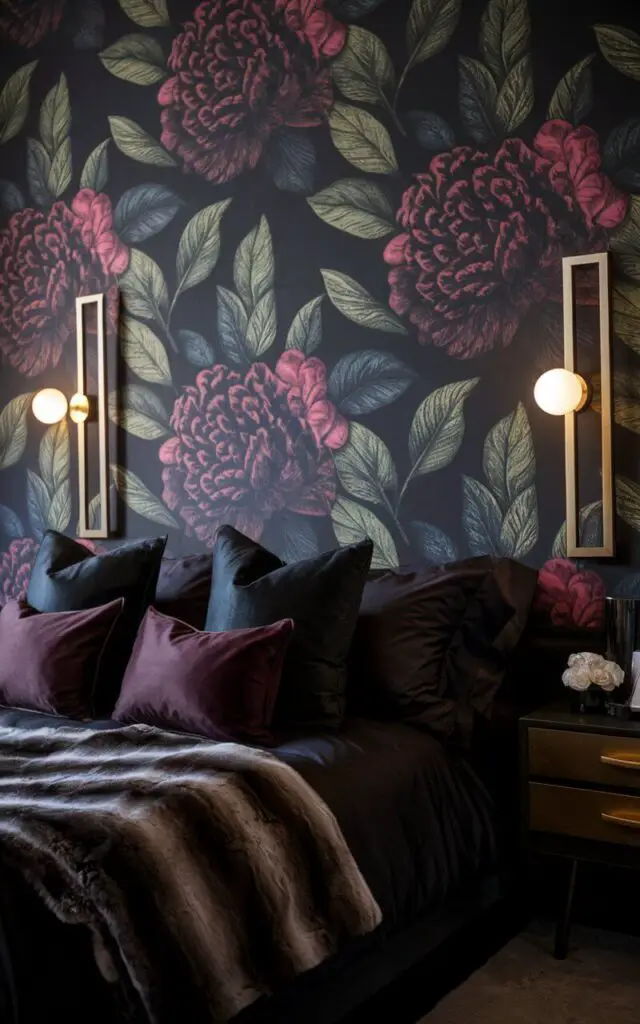 A photo of a dark bedroom with bold floral wallpaper in shades of black, burgundy, and dark green. The cozy bed has dark-toned bedding and matching pillows, creating harmony with the wallpaper. Gold-framed sconces provide focused light, and a mid-century modern nightstand adds a touch of character. A fur throw adds softness to the overall look.