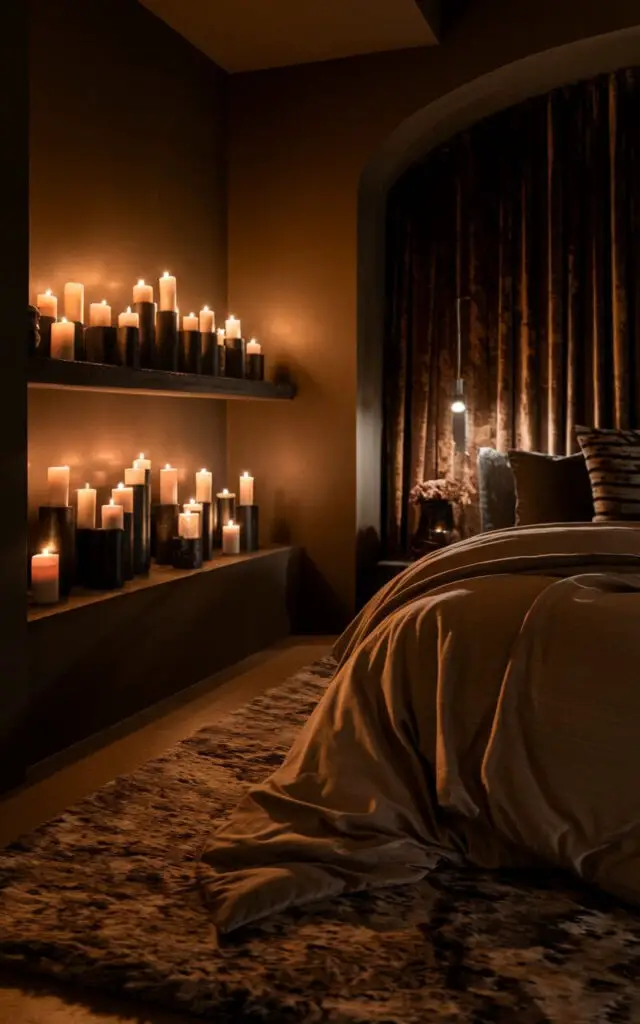 A photo of a dimly lit bedroom with a cozy bed adorned with layers of soft, dark-toned bedding. A cluster of lit candles on dark candleholders, arranged on shelves, casts a flickering glow across the deep-colored walls. A shaggy area rug and luxurious velvet curtains enhance the inviting and serene ambiance. The room has a warm and romantic atmosphere.