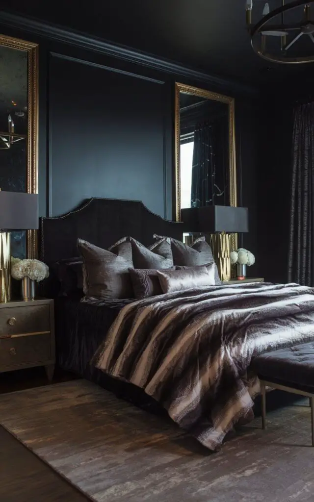 A photo of a dark bedroom with deep charcoal walls. The room has a cocoon-like ambiance. The walls are paired with metallic gold accents on table lamps and mirror frames, adding a luxurious shimmer. A very cozy bed with layered velvet throws, fluffy pillows in shades of gray, and a faux fur blanket takes center stage. A plush area rug softens the hardwood floor, while a dimly lit chandelier enhances the intimate atmosphere.