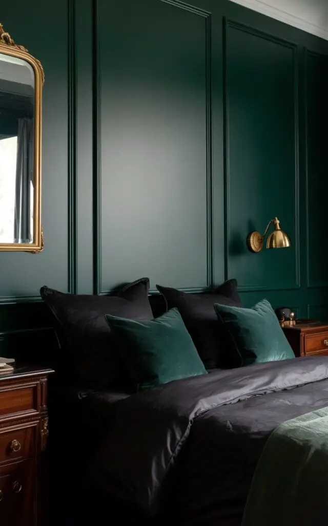 A photo of a dark bedroom with deep green walls. The walls are adorned with a gold-framed mirror and wooden nightstands. The cozy bed is layered with black bedding and dark green pillows. The bedding and pillows complement the wall color. The room exudes tranquility, luxury, and a connection to the outdoors.