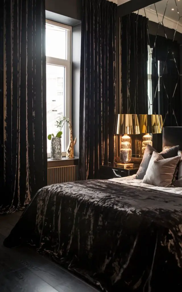 A window of a dark bedroom transformed into a luxurious retreat with floor-to-ceiling dark velvet curtains. The very cozy bed features plush, dark-toned bedding with gold and gray accent pillows. A gilded mirror reflects light from an elegant bedside lamp, adding depth. The rich fabric of the curtains contrasts beautifully with the dark wood flooring and adds a dramatic flair.