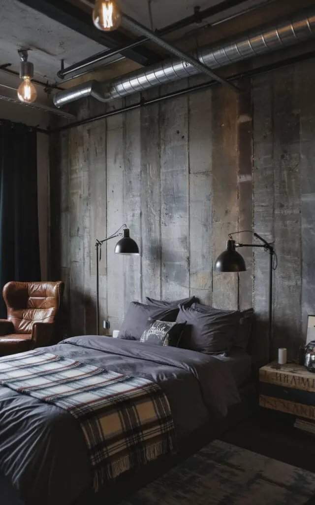 A photo of a dark bedroom with an industrial charm. The room has a concrete accent wall and exposed metal light fixtures. The bed has charcoal gray bedding and a plaid throw blanket. A reclaimed wood nightstand and a black steel floor lamp are placed near the bed. A leather chair is in the corner of the room. The overall atmosphere of the room is cozy and edgy.