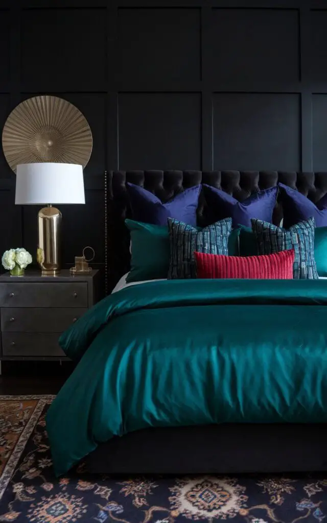 A photo of a dark bedroom with a jewel-toned palette against a black backdrop. The cozy bed is dressed in deep emerald green bedding with sapphire blue and ruby red throw pillows. A tufted headboard adds sophistication, while metallic gold lamps provide a touch of glamour. A patterned rug ties the jewel-toned accents together beautifully.