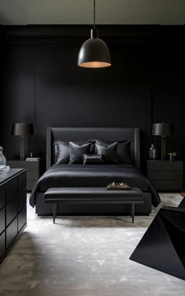 A photo of a dark bedroom with a modern sophisticated design. The room has matte black furniture, including a cozy bed with monochrome black bedding and a sleek headboard. Flanking the bed are matte black nightstands with minimalist table lamps. A geometric black chair and a low-profile dresser add functionality. A soft gray rug lightens the space. Hanging above the bed is a pendant light with a matte finish.