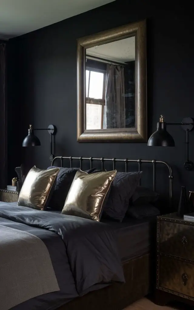 A photo of a dark bedroom with a cozy bed and metal accents. The bed has dark gray bedding and metallic gold throw pillows. There are black metal bedside lamps and a bronze-framed mirror. The walls are matte black. The room has a moody, understated design.