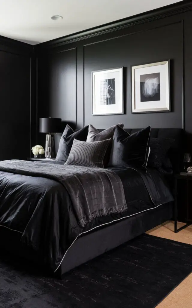 A photo of a well-decorated dark bedroom with a monochrome palette. The room features an all-black, ultra-cozy bed layered with charcoal gray throws and a mix of velvet and linen pillows to add texture. The bed is placed on a black area rug. The room has black walls, a black bedframe, and white-framed artwork that creates a subtle contrast.