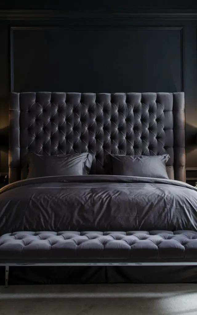 A photo of a dark bedroom with a tufted headboard in dark gray velvet. The headboard creates a striking focal point. The bed is styled with matching gray linens. The dark-painted walls and soft ambient lighting enhance the moody vibe. A sleek bench at the foot of the bed provides additional style and function.