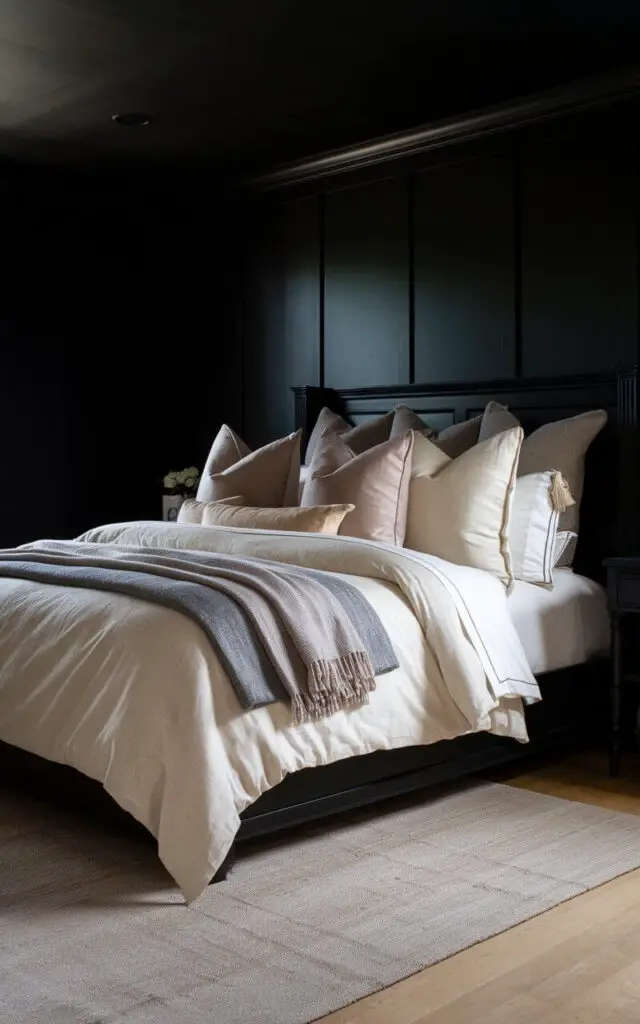 A photo of a dark bedroom with black walls, neutral-toned bedding, and a cozy bed layered with cream linens, gray throws, and beige pillows. The black wooden bedframe anchors the design. Light wood floors and a beige area rug add contrast. Subtle lighting enhances the serene, inviting atmosphere.