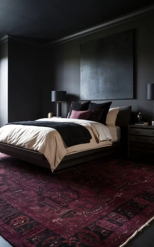 A photo of a dark bedroom with an oversized area rug in deep burgundy tones and intricate patterns. The room has a very cozy bed with cream and black bedding, sitting atop the rug. The bed is surrounded by dark wood furniture. The walls are painted a smoky gray and feature a large abstract painting. The rug's plush texture contrasts with the sleekness of the minimalist furniture.