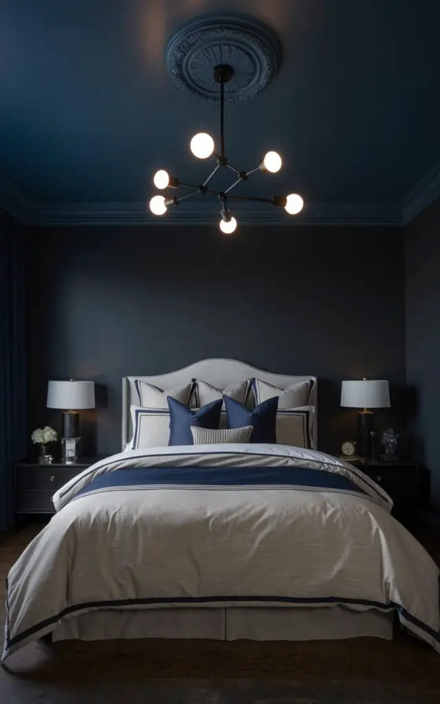 A photo of a dark bedroom with a midnight blue ceiling. The bed has neutral bedding with navy accents, matching the ceiling. A modern chandelier with dimmable lights hangs from above, casting a soft glow. The room has dark gray walls and wooden floors.