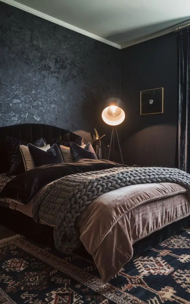 A cozy dark bedroom with a blend of moody tones and lush fabrics. The bed is dressed in soft velvet bedding, a chunky knit blanket, and satin pillowcases in dark jewel tones. A textured wallpaper covers one wall, complementing the deep navy paint on the others. A dark area rug in a Persian-inspired print adds warmth and dimension. An oversized floor lamp with a soft glow completes the inviting atmosphere.