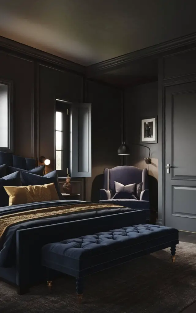 A cozy dark bedroom with upholstered furniture. The room features a navy blue bed with gold-accented pillows and a velvet bench at its foot. There is a dark gray wall with a window and a door. In the corner, there is an upholstered armchair that serves as a reading nook. The room has subtle lighting, creating a warm and inviting atmosphere.