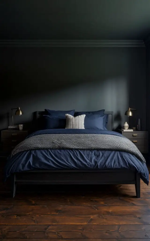 A photo of a dark bedroom with rich, dark wood flooring. The room has a cozy bed with navy bedding and a textured gray throw. The bed is placed on a low-profile black wooden bedframe. There are matching bedside tables with brass lamps next to the bed. The walls of the room are painted in a smoky gray hue.