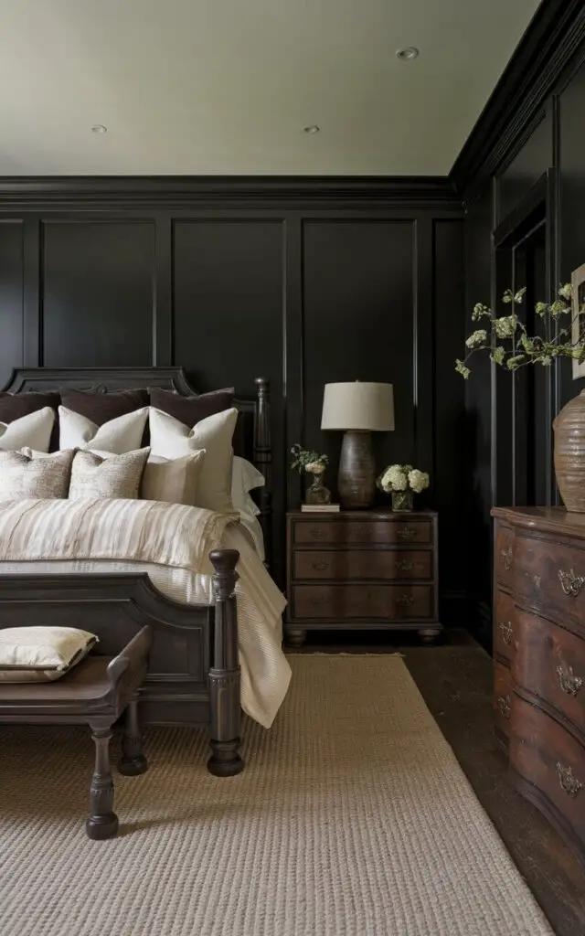 A photo of a dark bedroom with rich tones and dark-stained wooden furniture. The cozy bed is set against a backdrop of black walls, featuring wooden bedside tables and a matching bench. Layers of white and beige bedding offer contrast. An antique wooden dresser and a textured area rug complete the harmonious design.