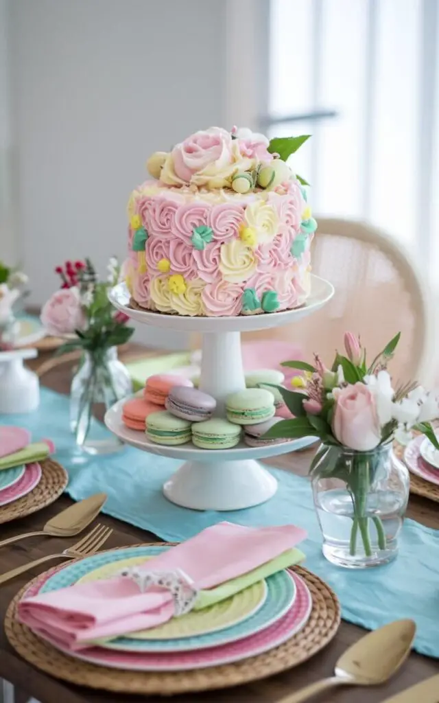 A photo of a vibrant spring dining table with a tiered stand showcasing a pastel floral-adorned cake and macarons. The dessert serves as the centerpiece, surrounded by small vases of seasonal blooms. The table is set with pastel plates and colorful napkins, blending sweetness and style seamlessly.