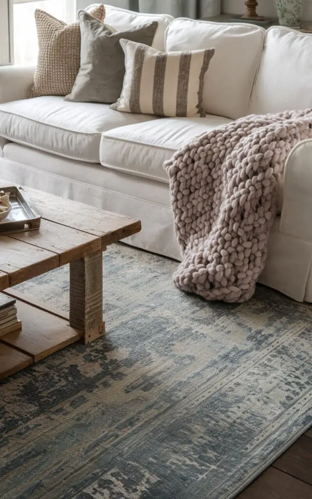 A photo of a cozy farmhouse-style living room with a distressed living room rug in muted shades of blue and gray. The rug has an antique feel. The room contains a white slip-covered sofa layered with textured throw pillows and a chunky knit blanket. A wooden coffee table with a weathered finish is placed in front of the sofa. The distressed rug ties the elements together, exuding charm and character.