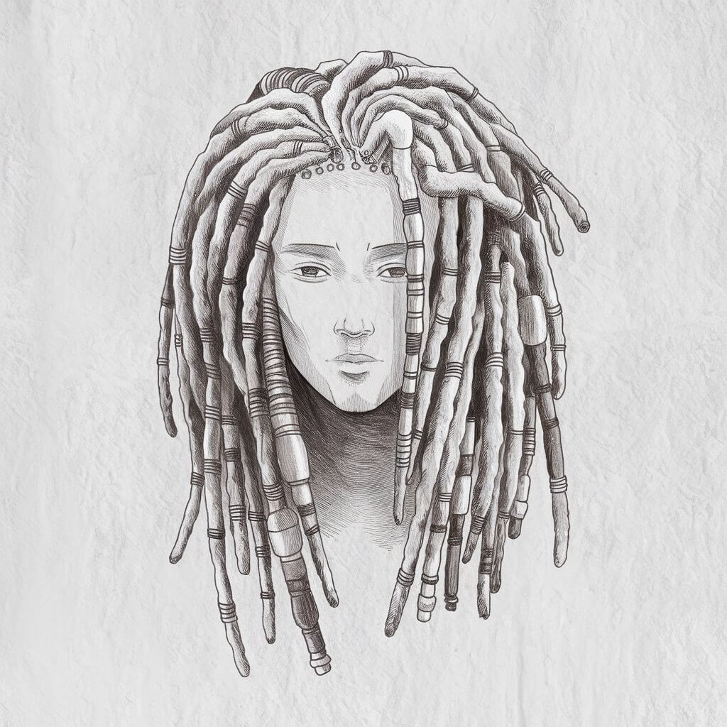 A minimalist, plain white background pencil drawing illustration of a character with layered dreadlocks adorned with beads and wraps. The dreadlocks are drawn in a simplistic style, with clean, textured lines and small, decorative details emphasizing their cultural and artistic richness. The character has a calm and serene expression.