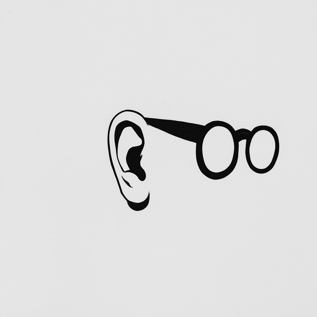 A minimalist, plain white background pencil drawing illustration of an ear of a character with glasses. The ear and glasses are black and white, drawn in a simplistic style, with clean lines that highlight their connection.