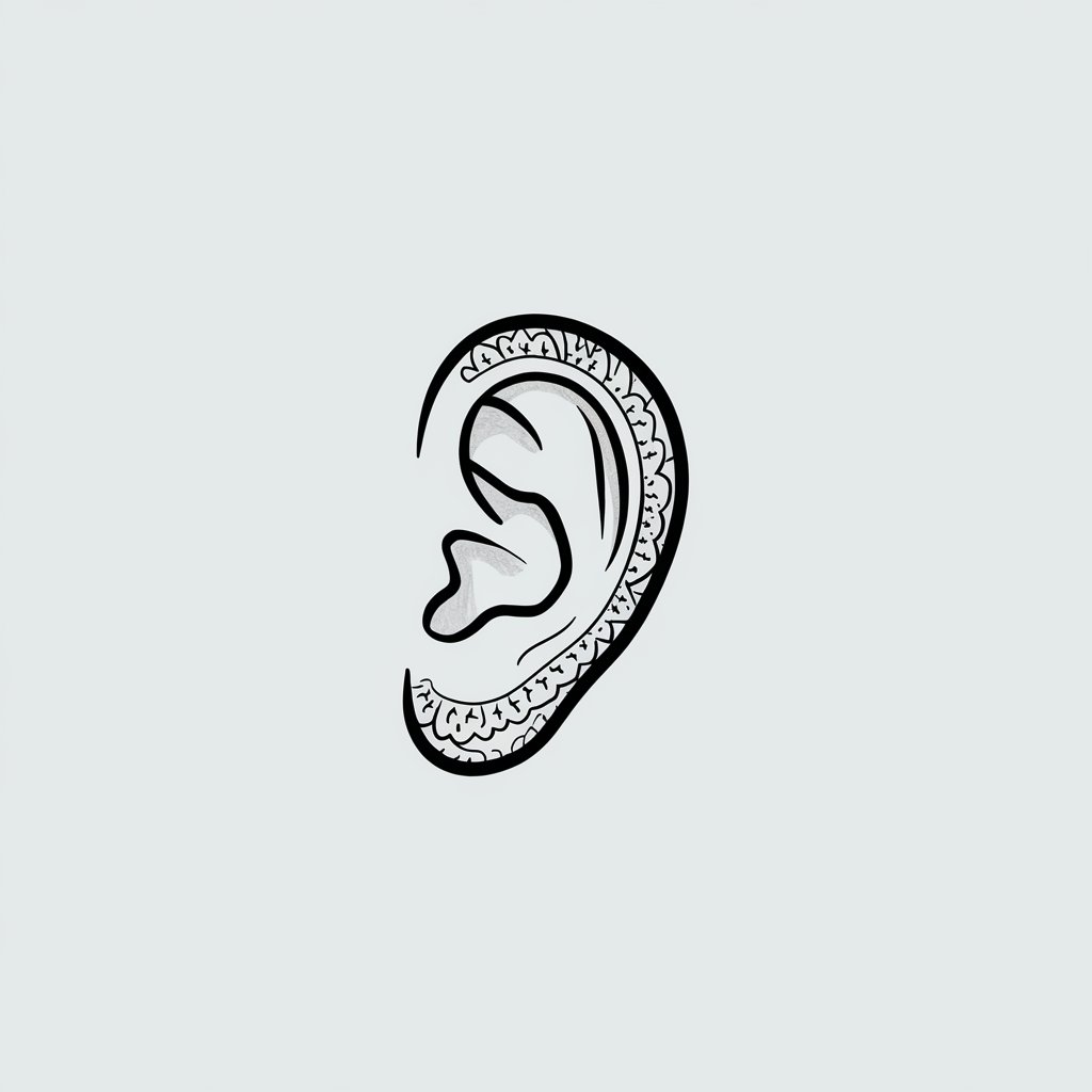 A minimalist, plain white background pencil drawing illustration of a human ear with intricate tattoo patterns along the contours. The ear is black and white, drawn in a simplistic style, with the tattoos providing bold, creative details.