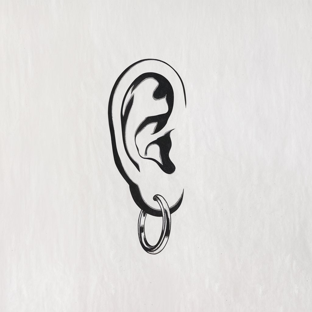 A minimalist, plain white background pencil drawing illustration of a human ear adorned with a dangling hoop earring. The ear is black and white, drawn in a simplistic style, while the earring is detailed with soft reflections to contrast the ear's simplicity.