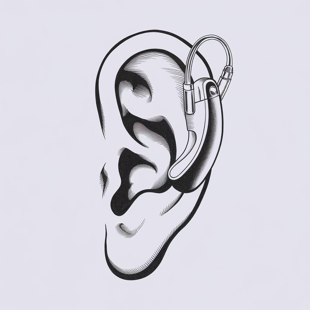 A pencil drawing illustration of a side profile of a human ear with a hearing aid attached. The ear and device are black and white, drawn in a simplistic style, with clear, thoughtful details on the device's design. The background is plain white.