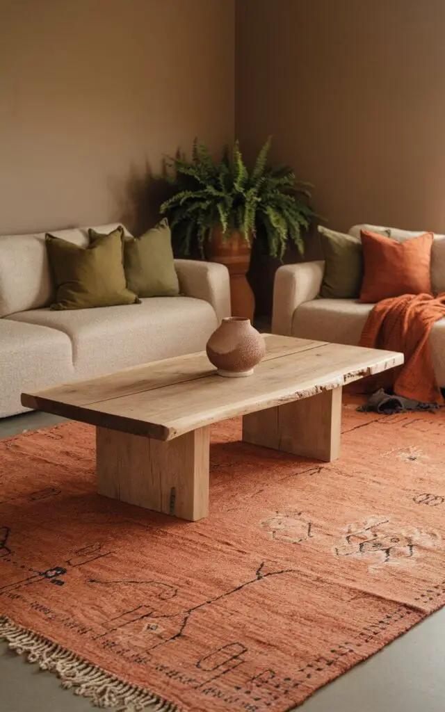 A serene and earthy living room with a terracotta-toned rug featuring subtle patterns. A cozy beige sofa is adorned with throw pillows in olive green and rust shades. A reclaimed wood coffee table with a natural finish sits on the rug, accessorized with a ceramic planter. The walls are painted in a warm taupe, and a large potted fern adds a touch of greenery. The earth-tone rug creates a cohesive, grounded ambiance, perfect for a relaxing living room retreat.