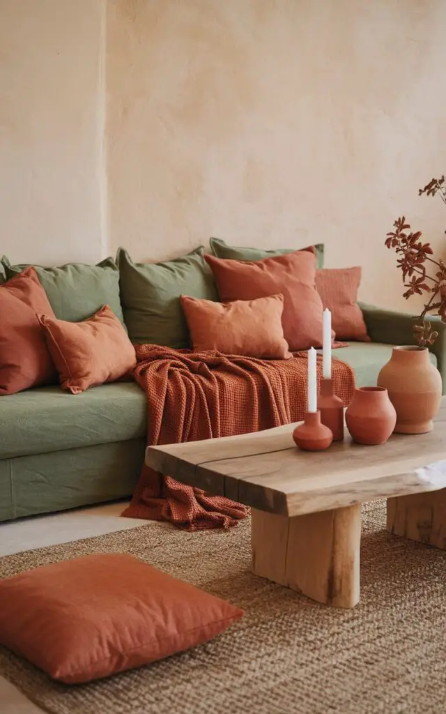 A rustic-inspired living room with a very cozy green couch surrounded by earthy tones. Terracotta-colored cushions and a burnt orange throw create a harmonious palette. A wooden coffee table holds ceramic planters and candles, while a jute area rug adds texture. The backdrop of soft beige walls ties the natural elements together, creating a tranquil and grounded space.