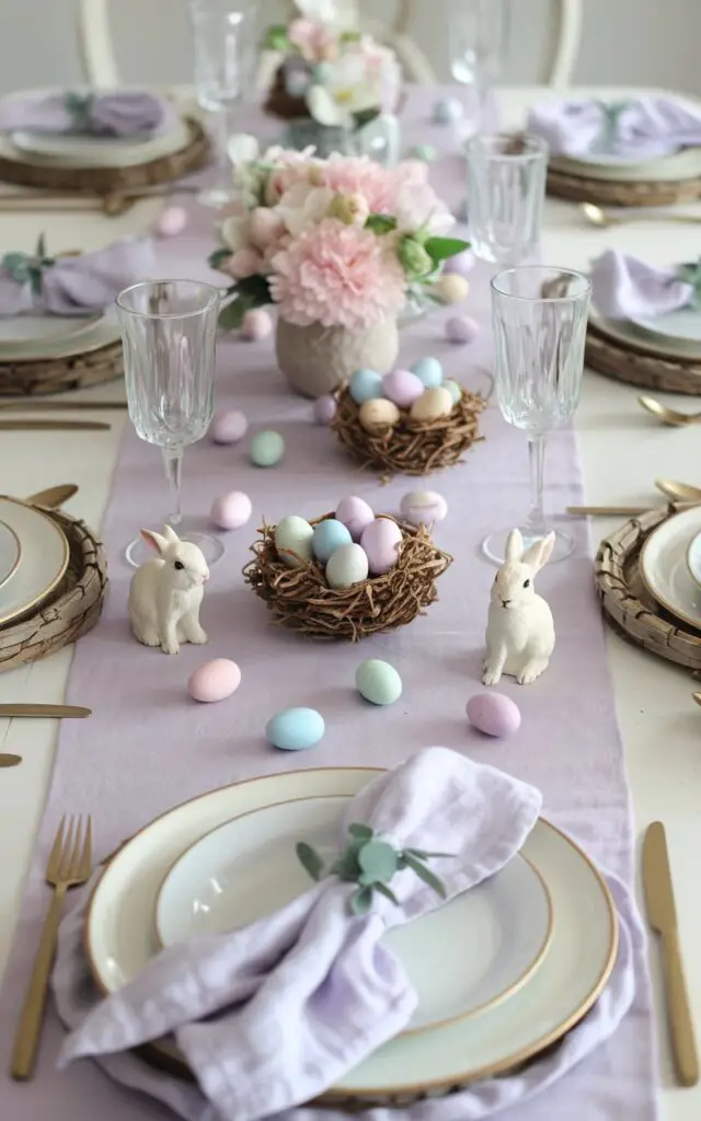 A photo of a festive spring dining table decorated with subtle Easter elements. There are small decorative nests filled with pastel-colored eggs placed at each setting, alongside delicate bunny figurines. The centerpiece includes a pastel flower arrangement and scattered chocolate eggs. The table is set on a pale lavender runner with white dishware and soft linen napkins.