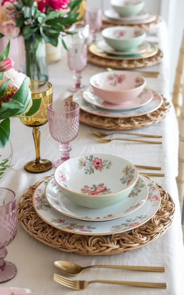 A photo of a lively spring dining table with an eclectic mix of dishes. There are floral-patterned plates in soft pinks and greens layered with solid pastel bowls. Each setting includes mismatched vintage glasses and gold flatware for a touch of glamour. A light beige tablecloth ties the look together, allowing the colorful dishes to shine. Seasonal blooms in a vase complete the playful spring table decor.