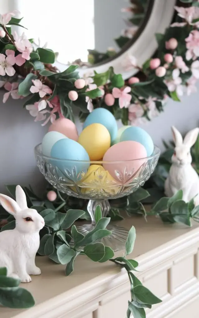 A photo of a playful spring mantel with a decorative glass bowl filled with pastel-shaded blue, pink, and yellow eggs. The eggs are nestled among fresh greenery. A garland of faux blossoms adds a delicate touch. A few bunny figurines enhance the Easter-inspired theme.