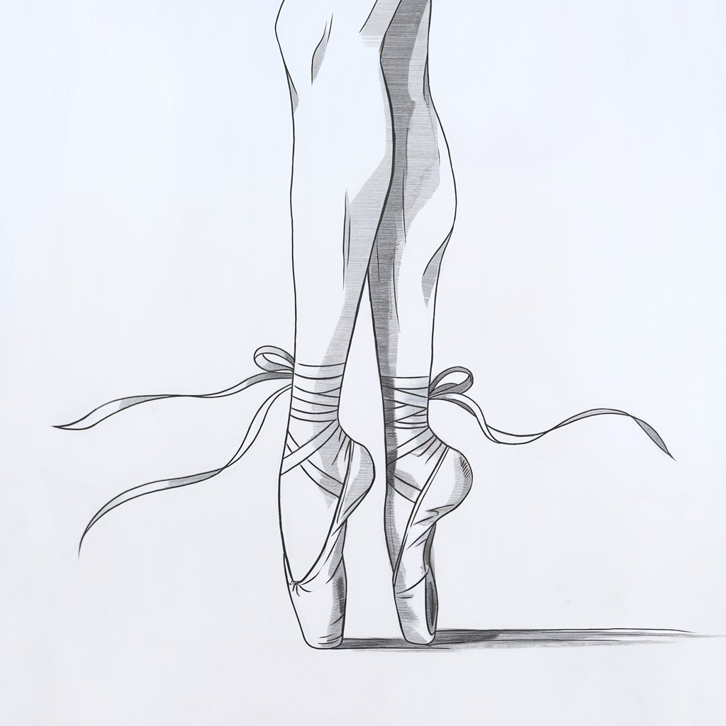 A minimalist, plain white background pencil drawing illustration of graceful ballet legs poised in a delicate relevé position. The slender calves are elongated, leading to pointed toes elegantly wrapped in finely detailed ballet slippers with visible ribbons tied in neat bows at the ankles. Soft, smooth shading accentuates the gentle curves and muscular tension of the legs, conveying the dancer's poised strength. The illustration is drawn in a simplistic style, with clean, intentional lines and subtle contrasts that highlight the flow of movement while maintaining the serene aesthetic of the minimalist composition.