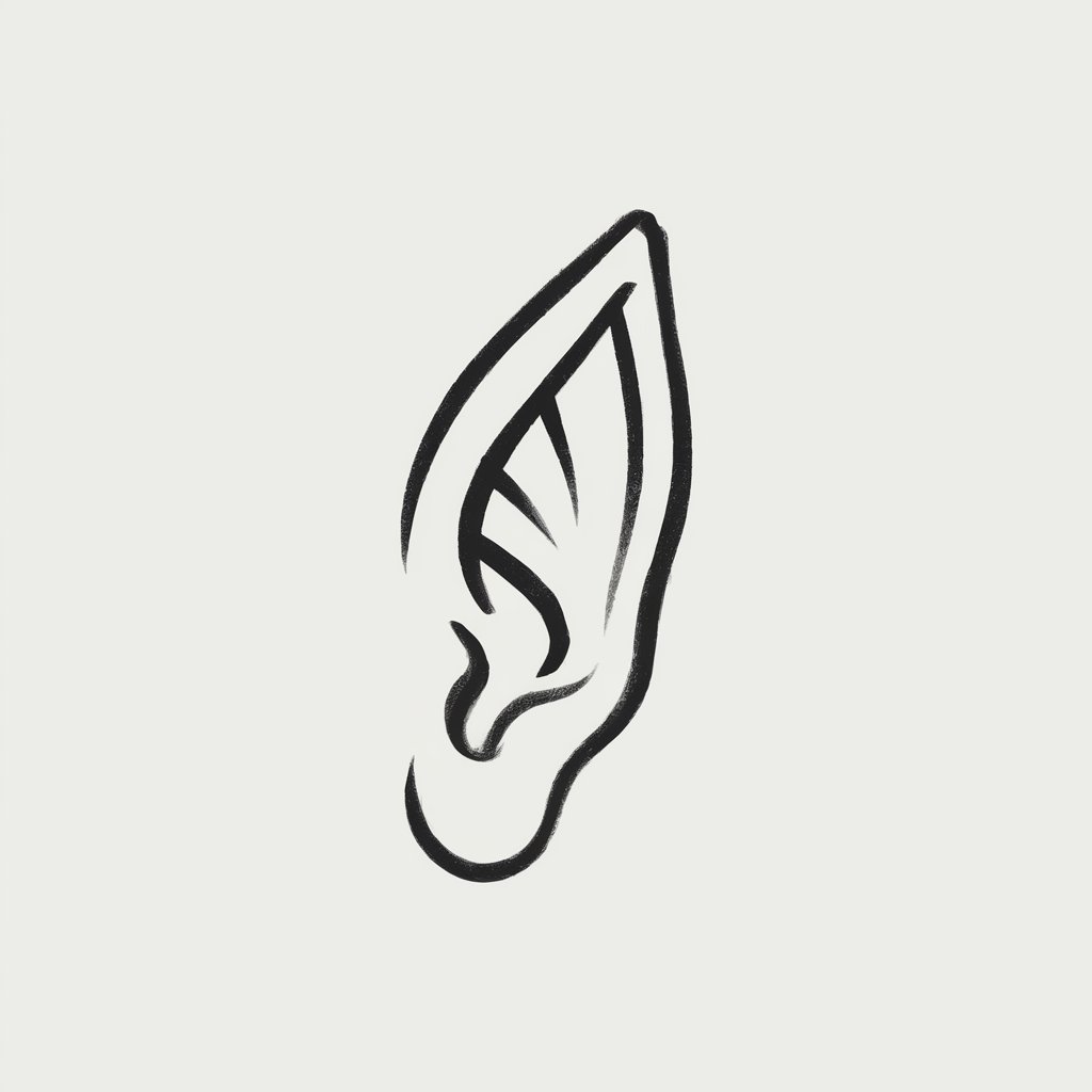 A pencil drawing illustration of a pointed elf ear on a plain white background. The ear is black and white, drawn in a simplistic style with elegant curves and a slightly elongated shape. The delicate linework suggests a magical, otherworldly aesthetic.