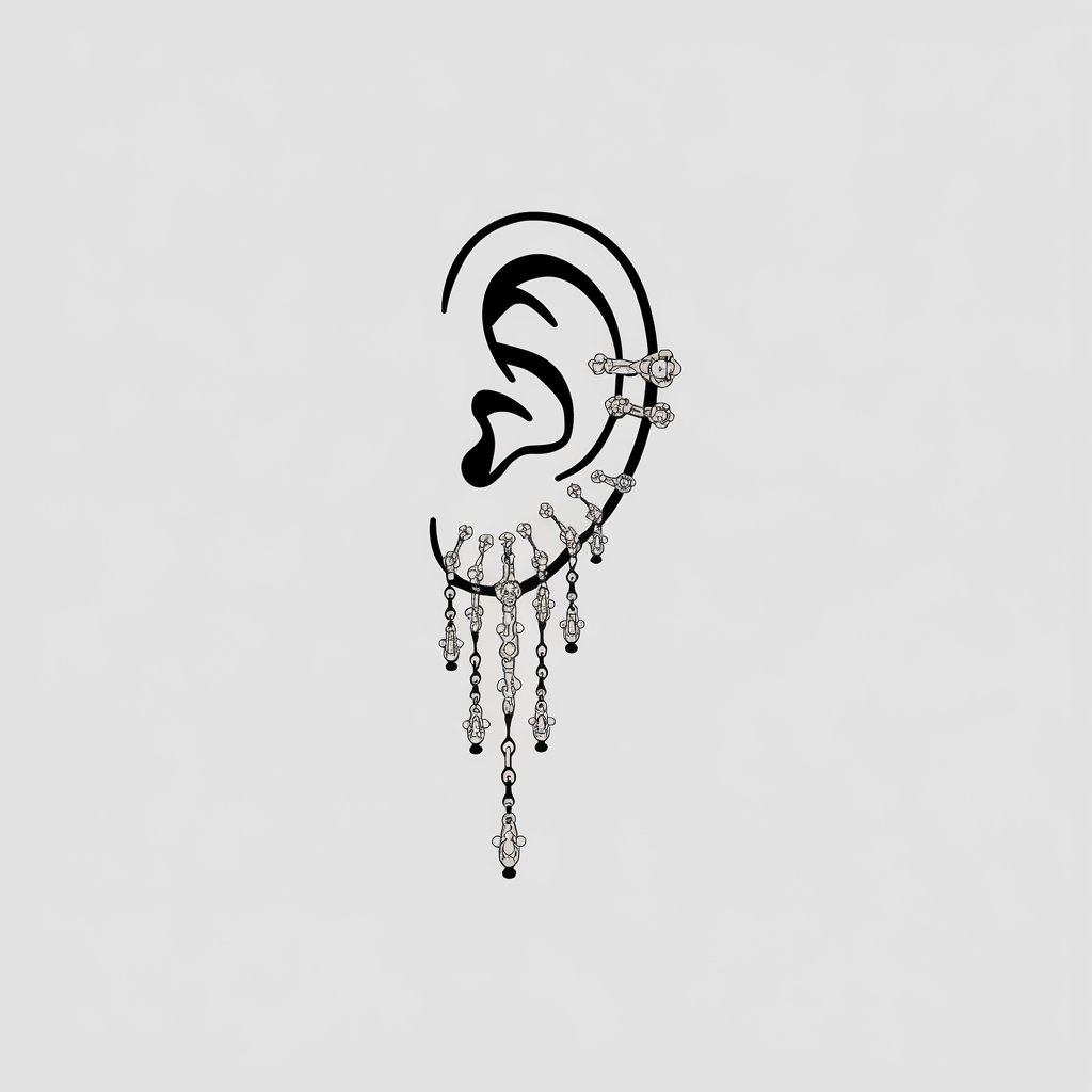 A minimalist, plain white background pencil drawing illustration of a human ear adorned with intricate, dangling jewelry and tiny embedded gems. The ear is black and white, drawn in a simplistic style, with clean details that emphasize the fantasy-inspired accessories.