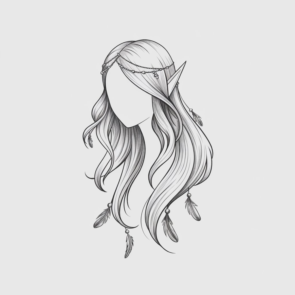 A minimalist, plain white background pencil drawing illustration of long, flowing elf hair adorned with small beads and feathers. The hair is drawn in a simplistic style, with gentle waves, detailed accessories, and subtle shading for a magical, ethereal touch.