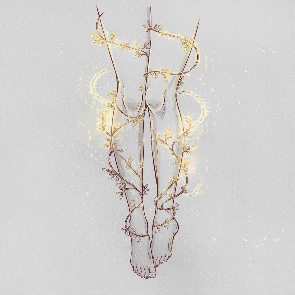 A minimalist, plain white background pencil drawing illustration of legs entwined with delicate, glowing vines. The vines feature tiny leaves and flowers, wrapping around the calves and ankles in intricate patterns. Subtle shading enhances the texture of the vines and the soft curves of the legs. Drawn in a simplistic style, the image blends fantastical elements with natural beauty.