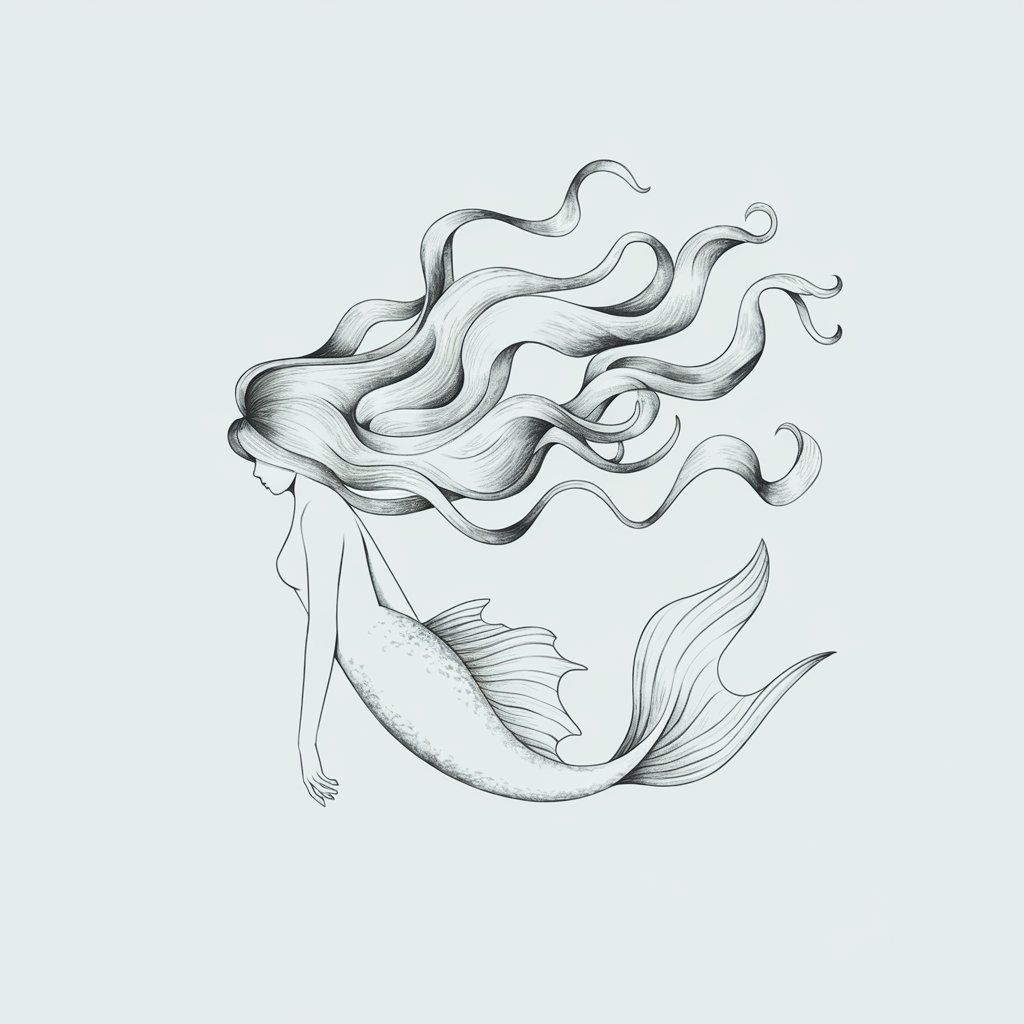 A minimalist, plain white background pencil drawing illustration of a mermaid character with long, wavy mermaid hair flowing underwater. The hair is drawn in a simplistic style, with soft, organic lines and faint shading adding an ethereal, underwater feel. The mermaid has a human torso and a fish tail.