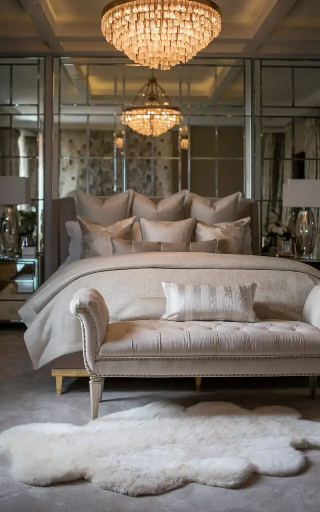 A photo of a luxurious bedroom with a white faux fur rug placed beside a cozy bed with neutral linens and plush pillows. The soft rug adds warmth and glamour to the room, which includes an upholstered bench and mirrored furniture. A statement chandelier casts warm light, enhancing the room's opulent feel.