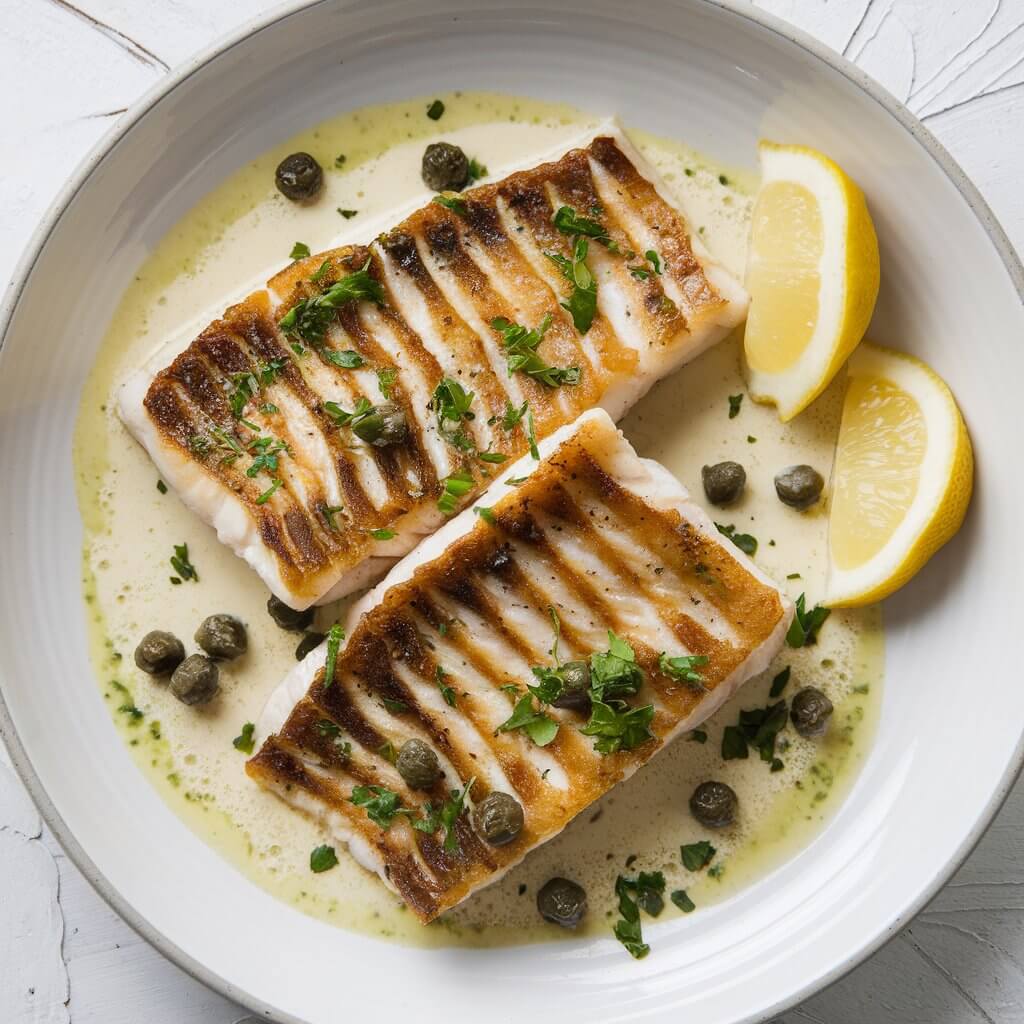 A photo of a plated dish featuring pan-seared fish fillets with piccata sauce. The large white ceramic plate has a light gray border. The golden-brown fillets are beautifully browned, showcasing their crispy exterior, with visible ridges from the pan-frying process. The fillets are generously coated with a creamy, pale yellow piccata sauce that is speckled with tiny finely chopped fresh parsley, adding a vibrant green contrast. Scattered on the surface are plump, briny capers, which add texture and a hint of tangy flavor, while slices of lemon fan out elegantly on the side. The sauce pools slightly around the fish, enhancing the creamy, rich appearance. The background features a white, textured surface that contrasts with the brightness of the plate and the vivid colors of the dish, drawing focus to the food’s detailed presentation.