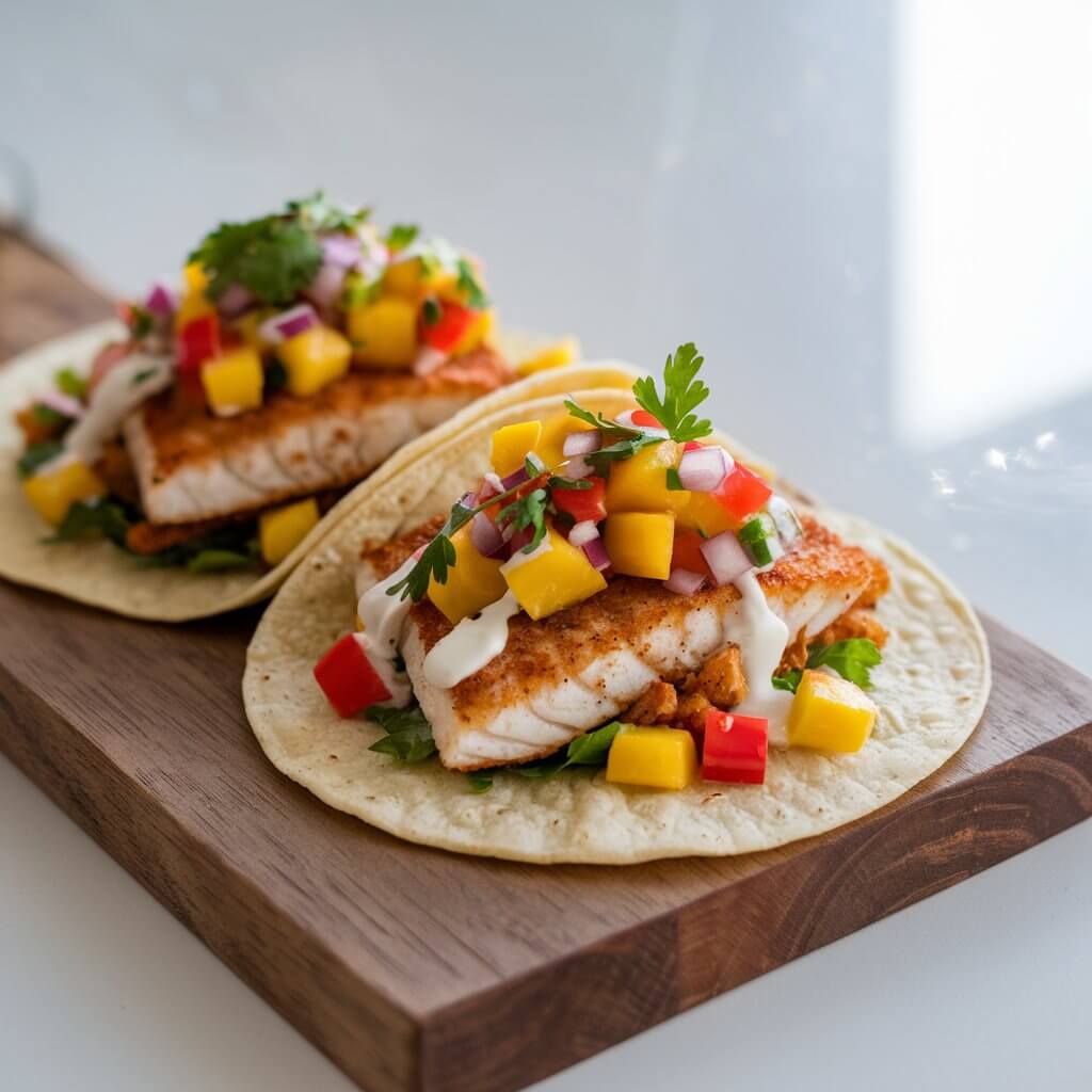 A photo of two soft tortillas cradling spiced pan-fried golden white fish topped with vibrant mango salsa. The mango salsa consists of tiny chopped red bell peppers, tiny chopped onion, a sprinkling of chopped cilantro, and a dollop of creamy white sauce is visible. The tacos are neatly arranged on a wooden serving board that contrasts beautifully against the bright white kitchen countertop. The faint shimmer of sunlight highlights the freshness of the dish.