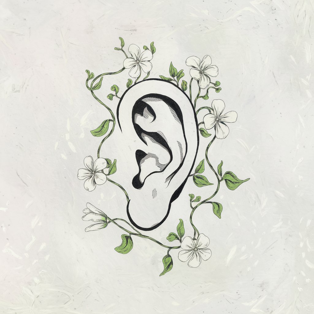 A minimalist, plain white background pencil drawing illustration of a human ear. The ear is black and white, drawn in a simplistic style. Surrounding the ear are delicate flowers and vines. The flowers have white petals and green leaves. The vines are twisted and have green leaves. The overall illustration has a soft, whimsical touch.