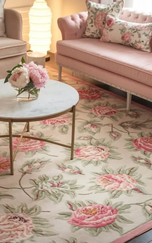 A photo of a charming living room with a floral-patterned rug in pink, green, and cream tones. The room features a cozy pastel pink sofa styled with floral-print throw pillows, enhancing the rug's delicate design. A round marble coffee table with gold accents sits at the center, and fresh peonies in a vase add to the feminine elegance. Soft lighting from a nearby floor lamp creates a dreamy atmosphere, with the floral rug serving as the room's crowning detail.