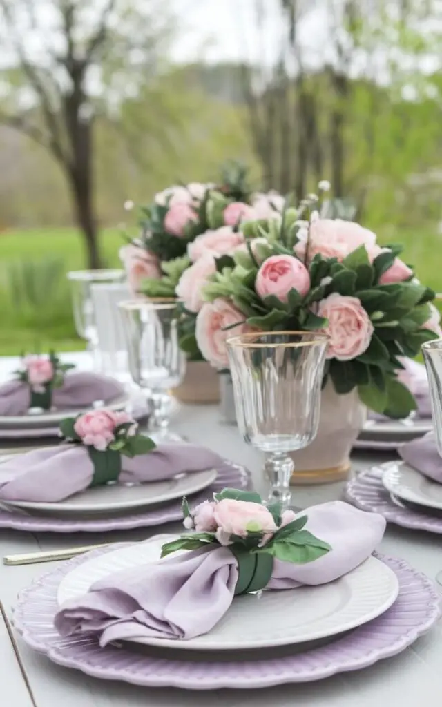 A cinematic medium shot of a spring dining table setting. There are six places set with white plates on lavender chargers. Each place setting has a linen napkin tied by a floral napkin ring featuring faux pink roses and green leaves. The floral accents mirror the centerpiece, which is a vase filled with the same faux pink roses and green leaves. The background is blurred, showing a lush green landscape with trees.