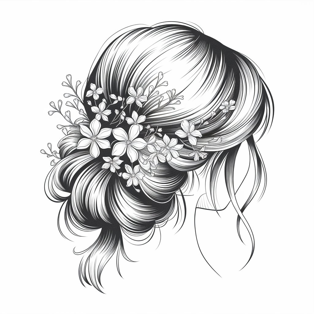 A pencil drawing illustration of a hairstyle adorned with delicate flowers woven through the strands. The hair and flowers are drawn in a simplistic style, with soft, minimal shading and tiny petal details to highlight the natural, whimsical design. The background is plain white.